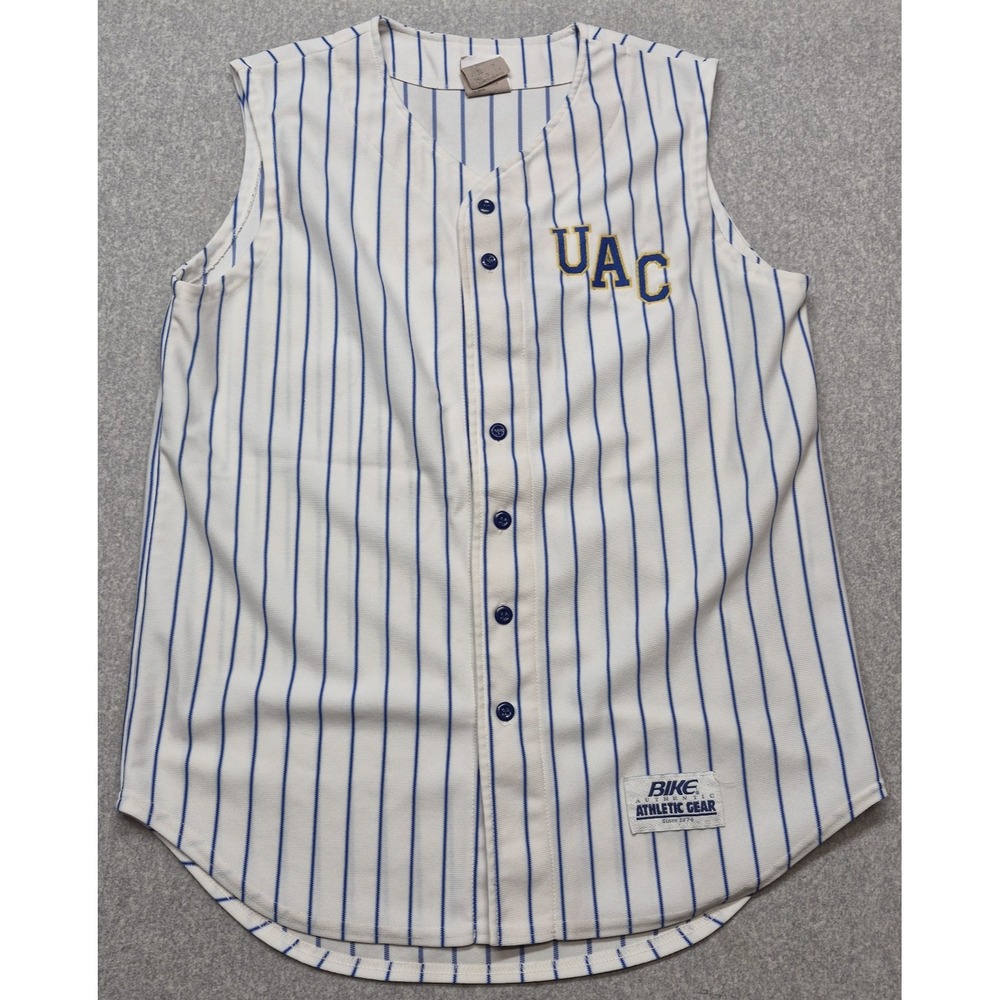 Vintage Bike Athletic Gear Jersey Mens M White Blue Baseball Pinstripe Retro 90s